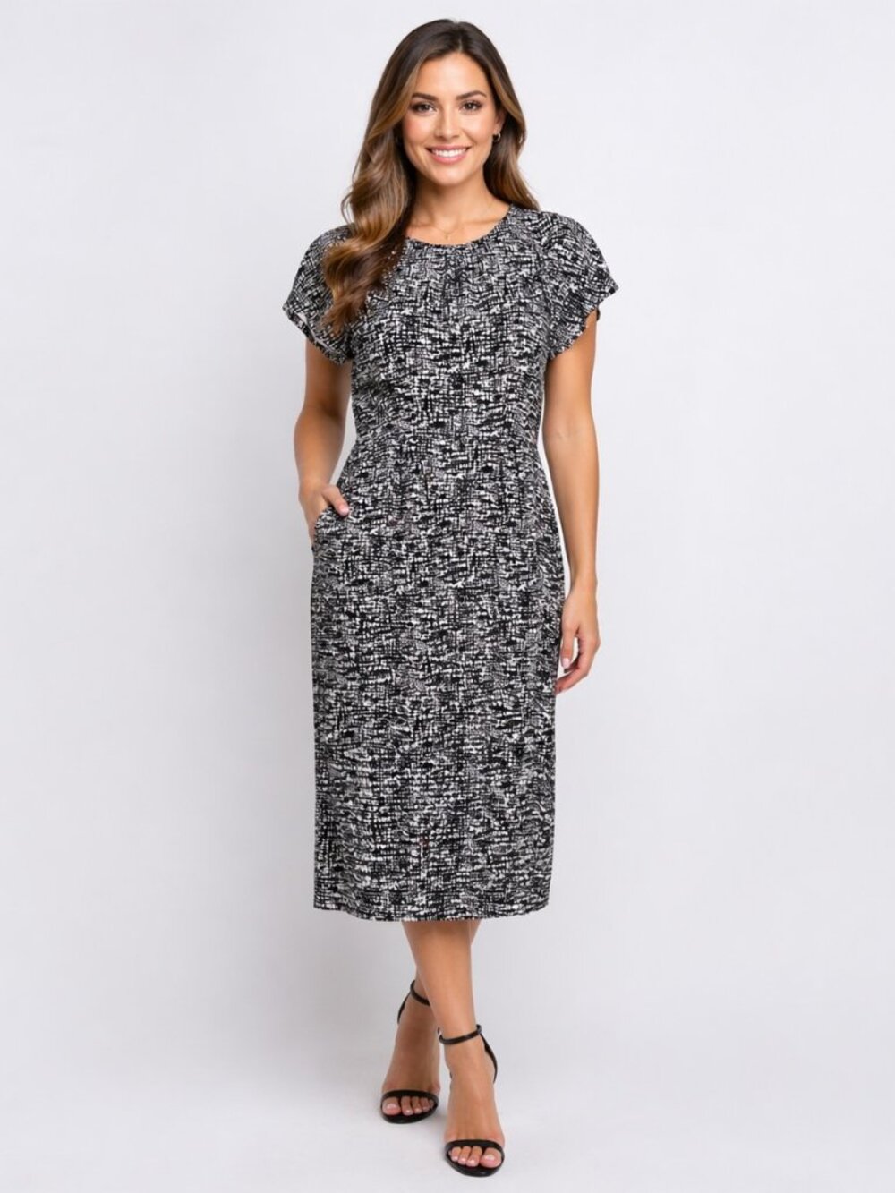 Banana Republic Silk Dress 6 Black White Sheath Knee Length Lined Work Interview